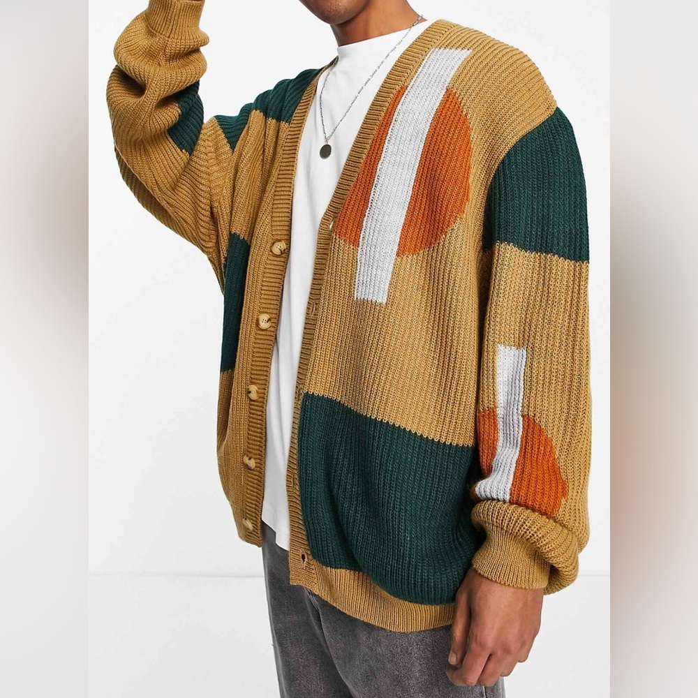 Men’s Chunky Knit V-Neck Cardigan With Colorblock Pattern by ASOS DESIGN